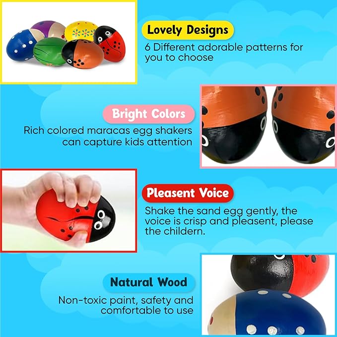 Wooden Maracas for Kids – Colorful Egg Shakers (6-Pack), Early Learning Toy for Ages 1–3 - Image 3