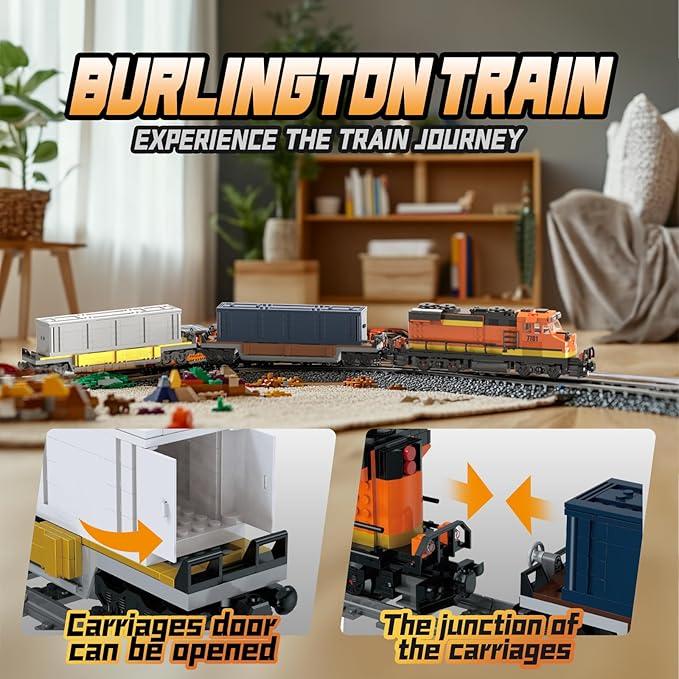 Burlington Train Set – 1065PCS Motorized Freight Train with 2 Coaches & 32 Tracks, Ages 12–16
